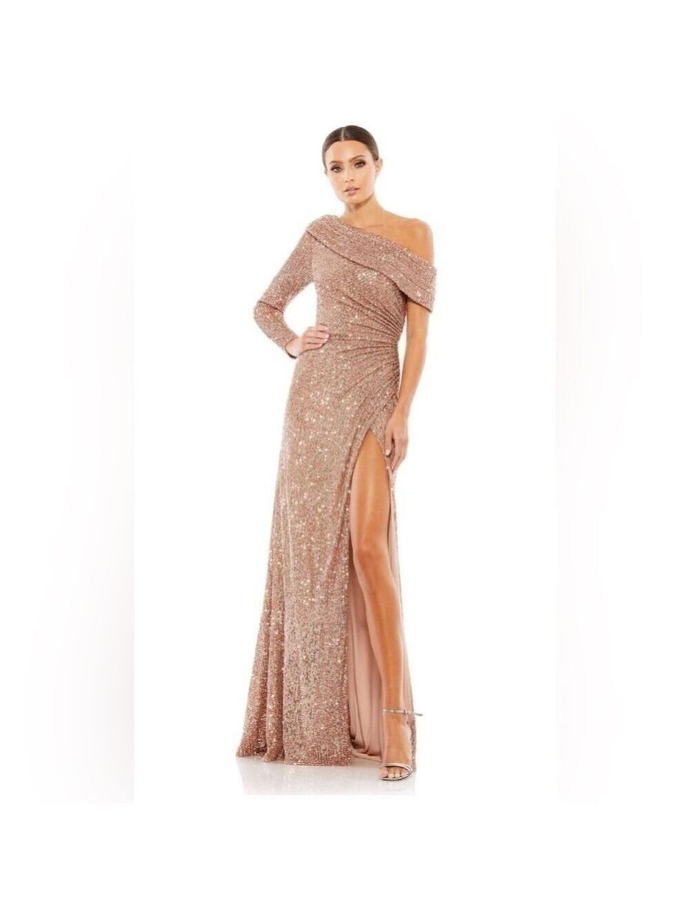 Nwt Ieena for Mac Duggal Sequined Drop Shoulder Faux Wrap Gown in Copper